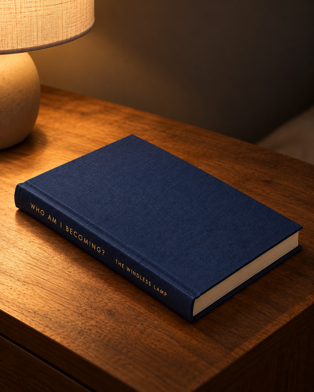 Navy linen hardcover meditation journal with gold lettering on the spine, beside a warm bedside lamp. Illustrative mockup.