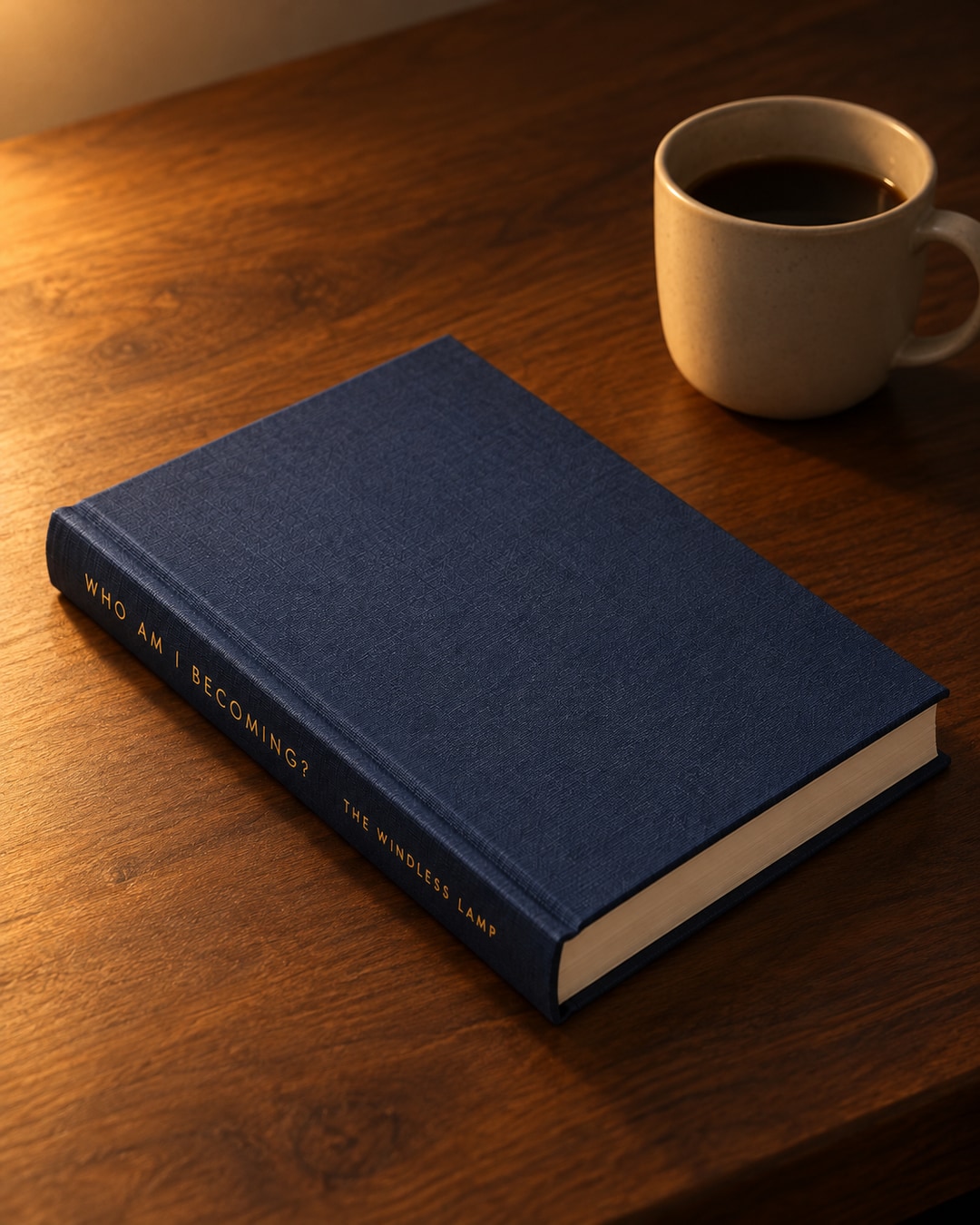 Illustrative view of the navy linen journal resting on a wooden table beside a cup, in warm evening light.