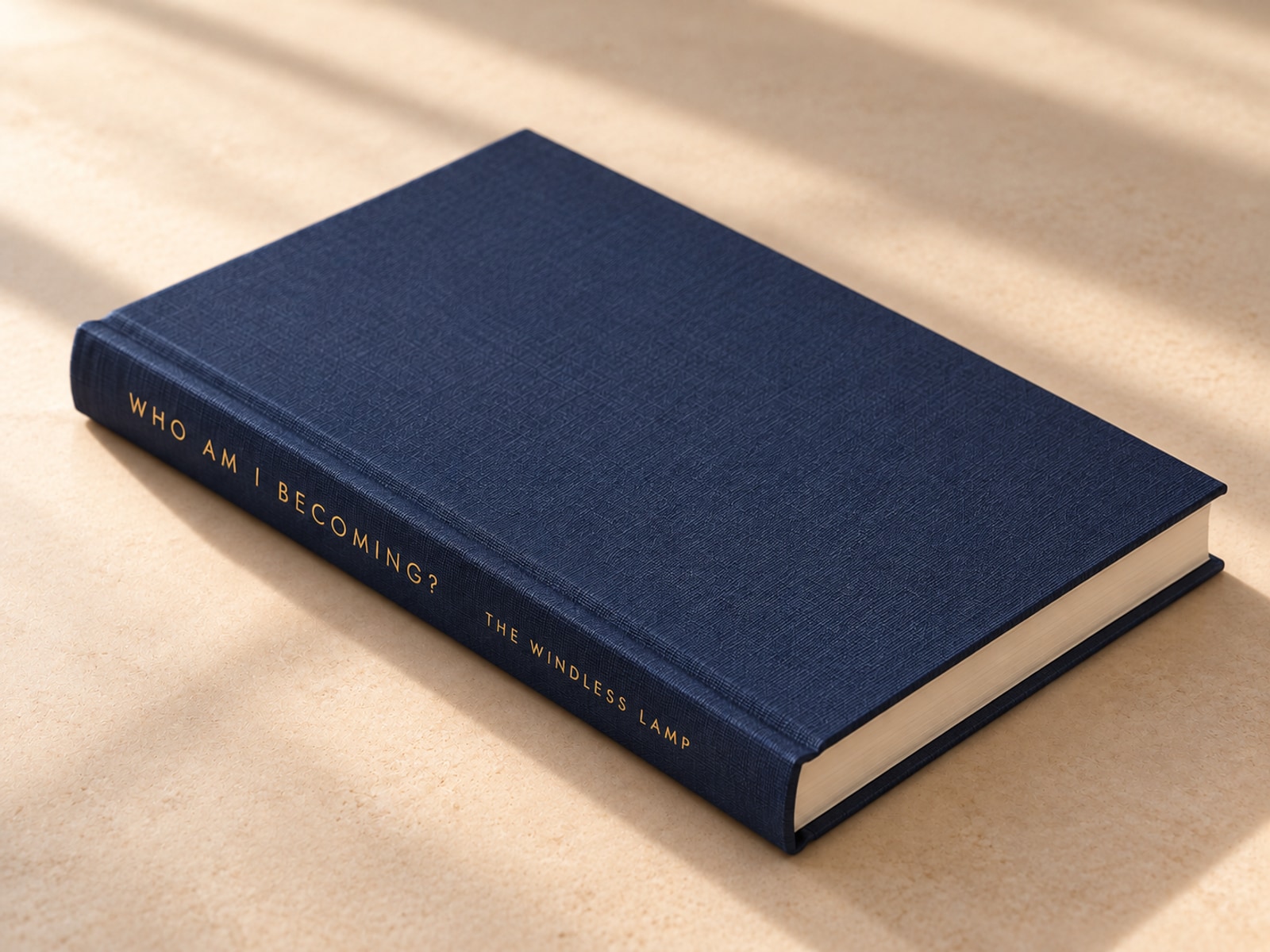 The journal without its dust jacket: plain navy linen boards and the title and author in gold on the spine. Illustrative mockup.